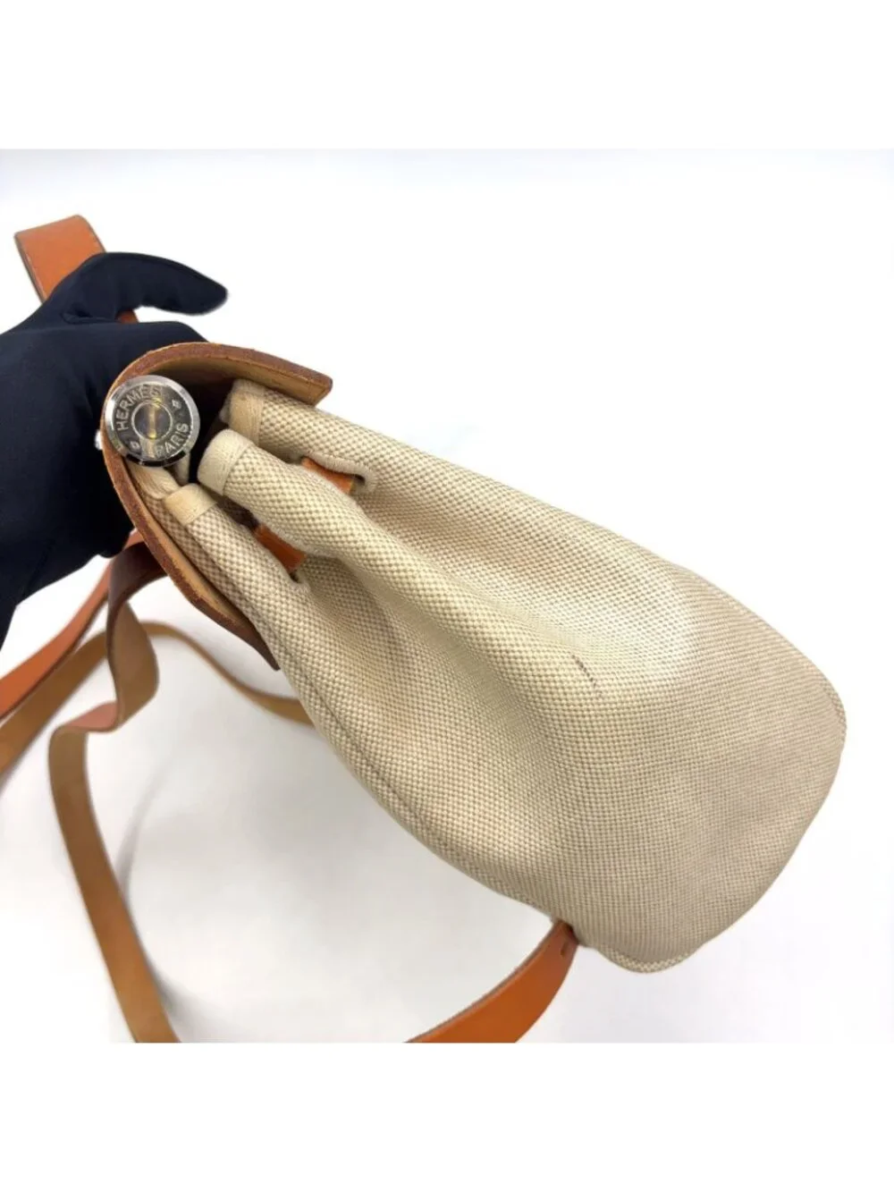 Hermes Herbag a Dos PM Handbag Leather Canvas Beige Light Brown Backpack Silver